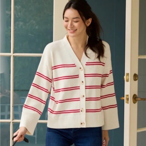 Cream and Red Striped Cardigan Sweater - Picture 2 of 3